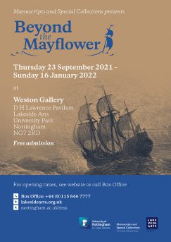 Beyond the Mayflower exhibition poster with address and contact details